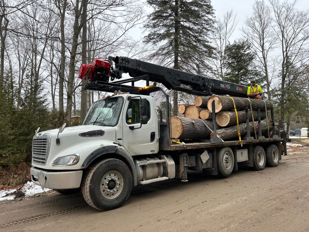 HIAB 435k Crane Truck with Mecanil SG220 grapple saw head hauling logs
